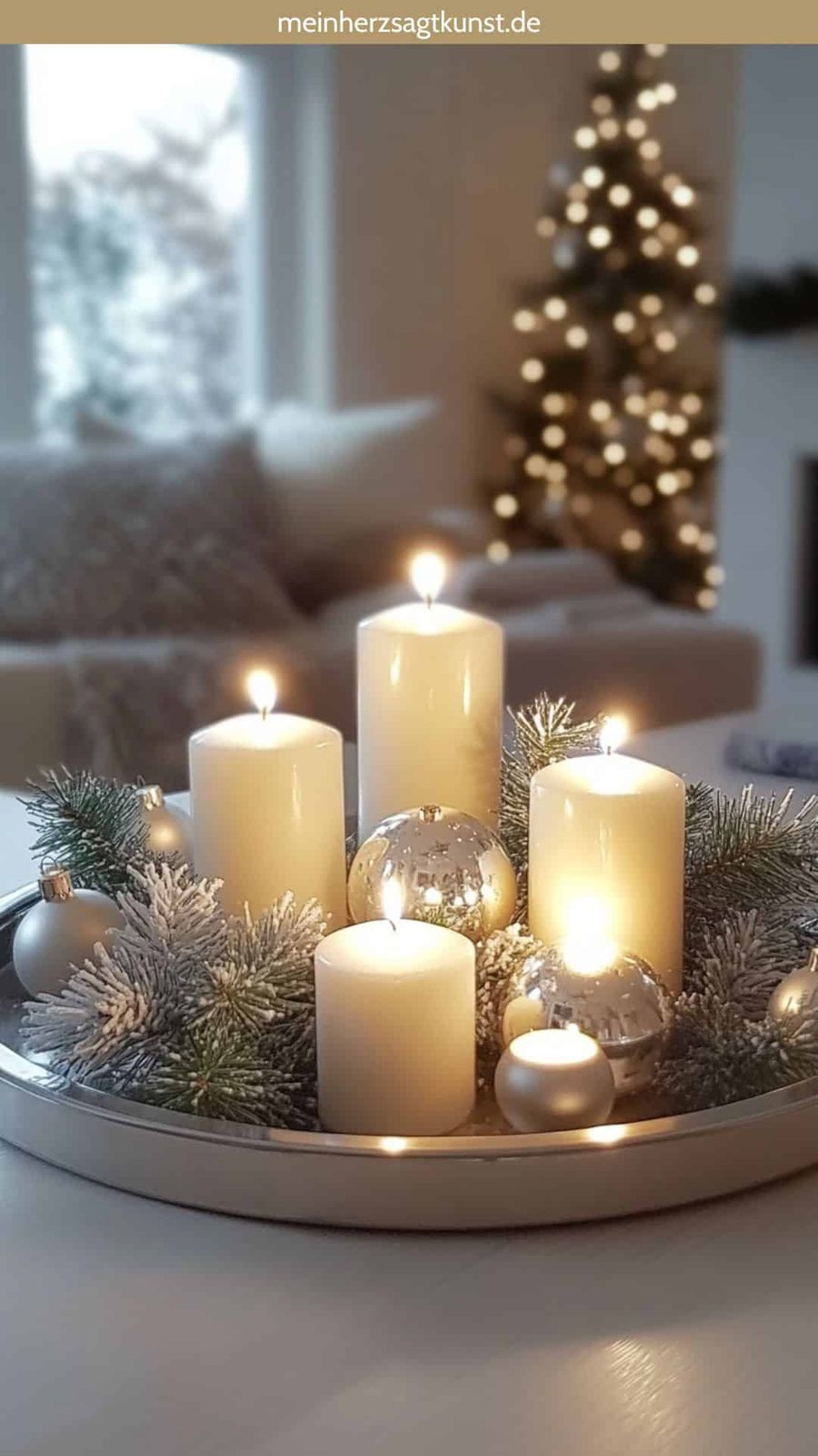 Elegant Advent Candle Arrangement on Silver Tray with Frosted Pine — Christmas Candle Decor