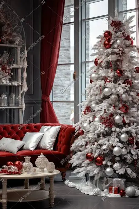 Bold Red and Silver Accents on a White Flocked Tree — Christmas Tree Color Schemes