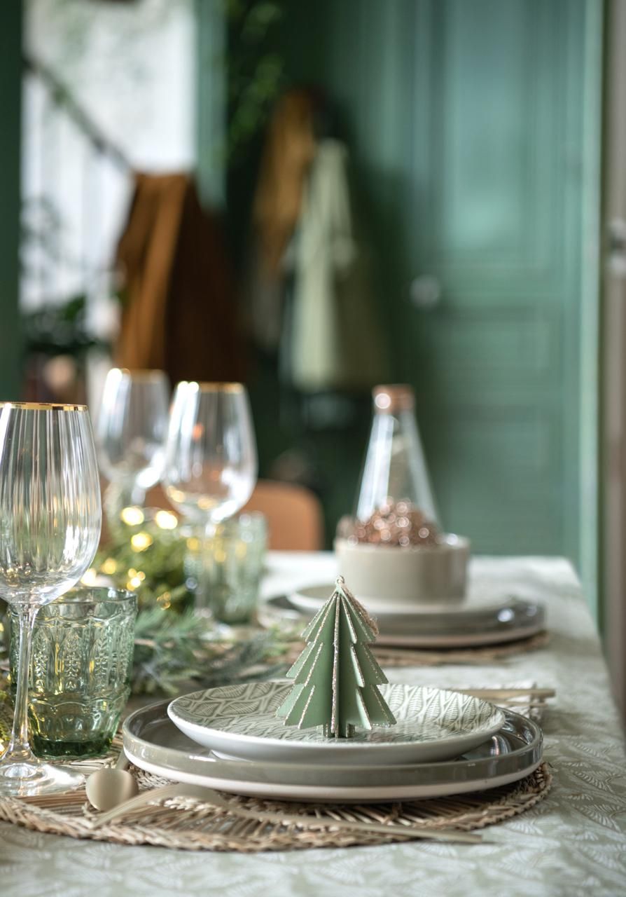 Boho Sage Green Table Setting with Miniature Tree Boho Sage Green Table Setting with Miniature Tree — Sage Green Christmas Decor