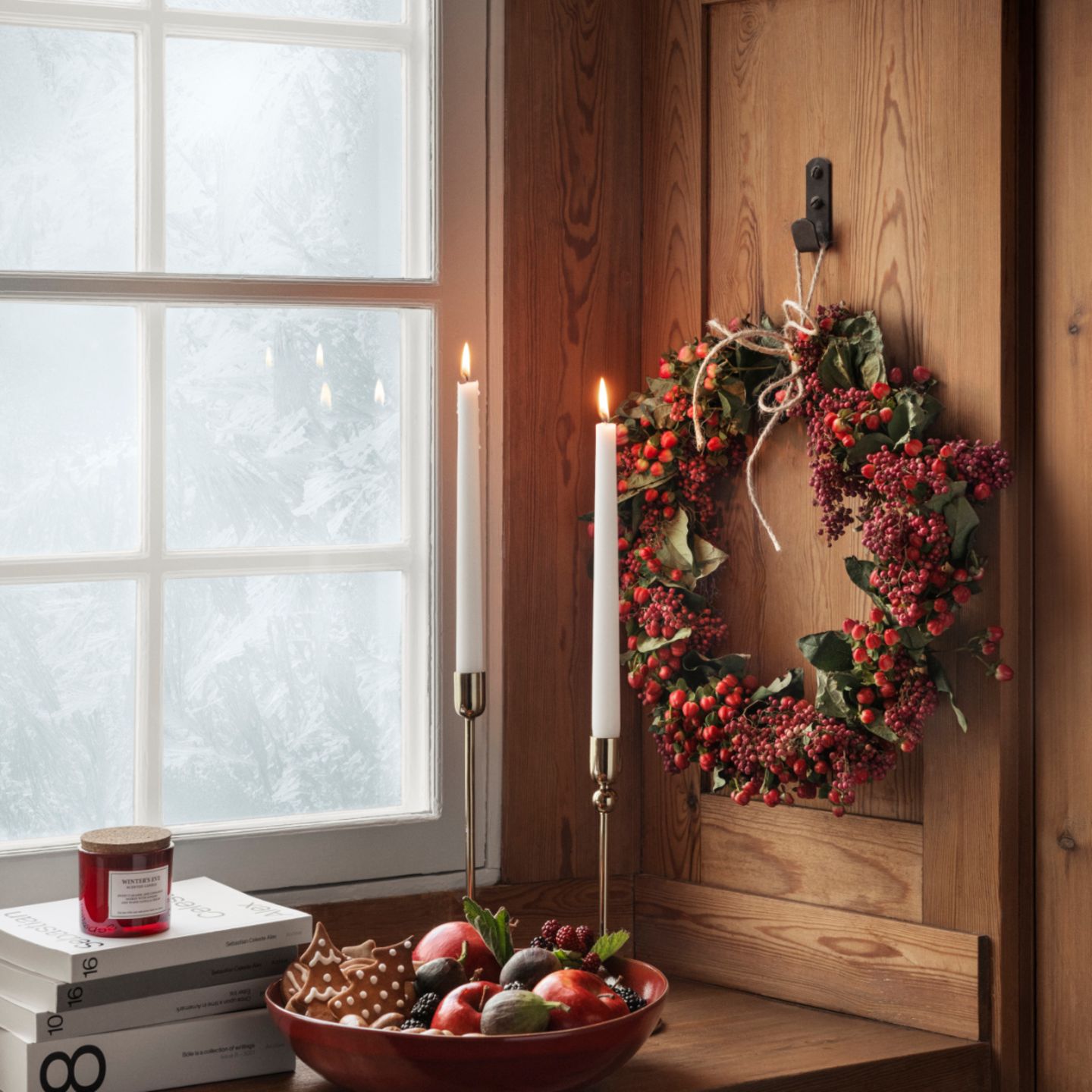 Traditional Red Berry Wreath with Cozy Candlelit Vignette Traditional Red Berry Wreath with Cozy Candlelit Vignette — Christmas Window Wreaths