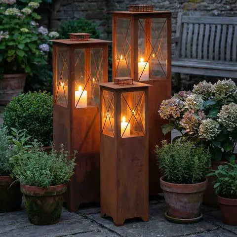 Group Rustic Metal Lanterns with Potted Greenery — Christmas Porch Lanterns