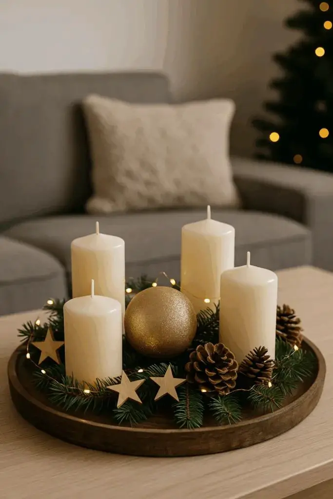 Traditional Cozy Tray with Fairy Lights and Pine Garland Traditional Cozy Tray with Fairy Lights and Pine Garland — Christmas Coffee Table Decor