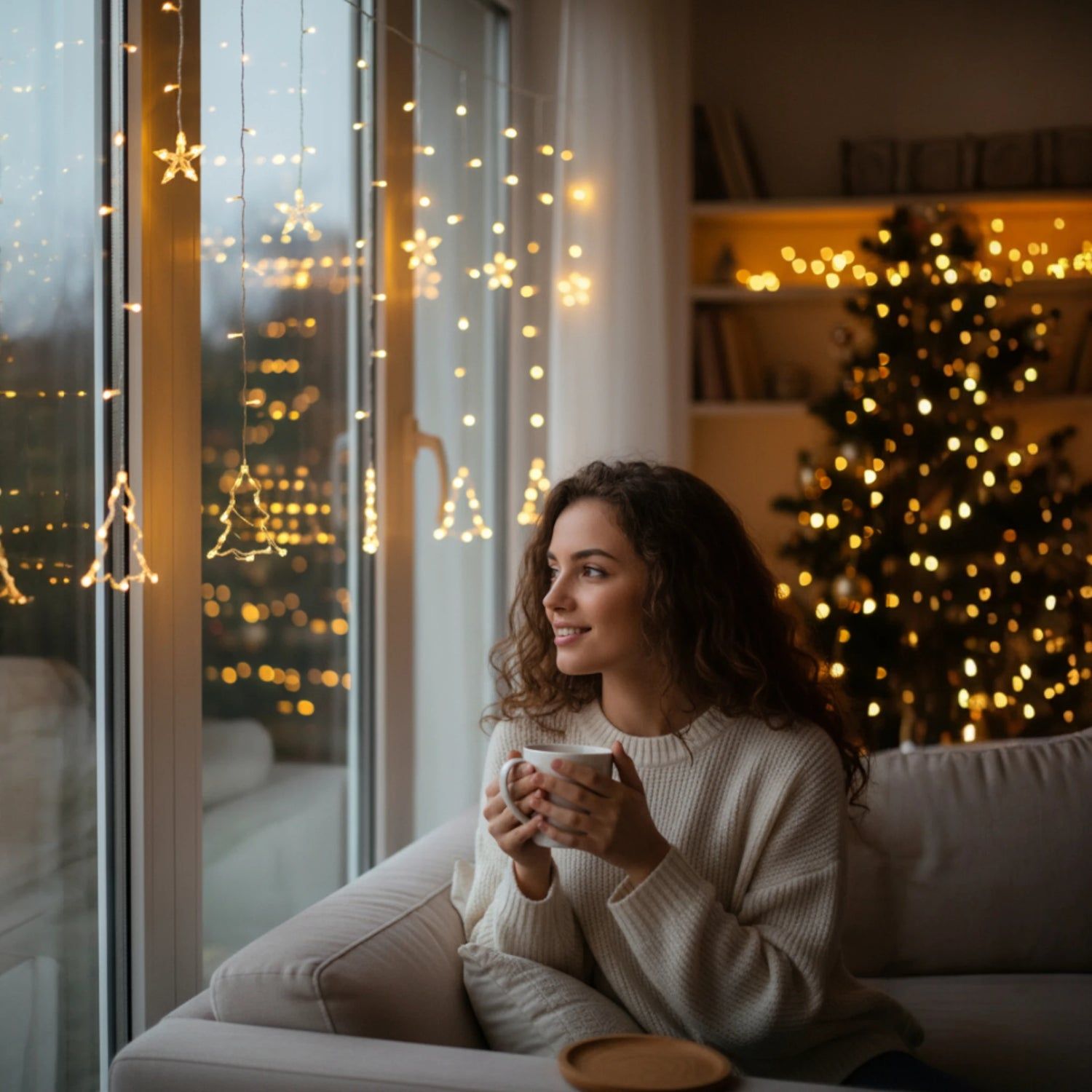 Cozy Living Room Window Decorated with Twinkling Fairy Lights Cozy Living Room Window Decorated with Twinkling Fairy Lights — Christmas Fairy Lights Living Room