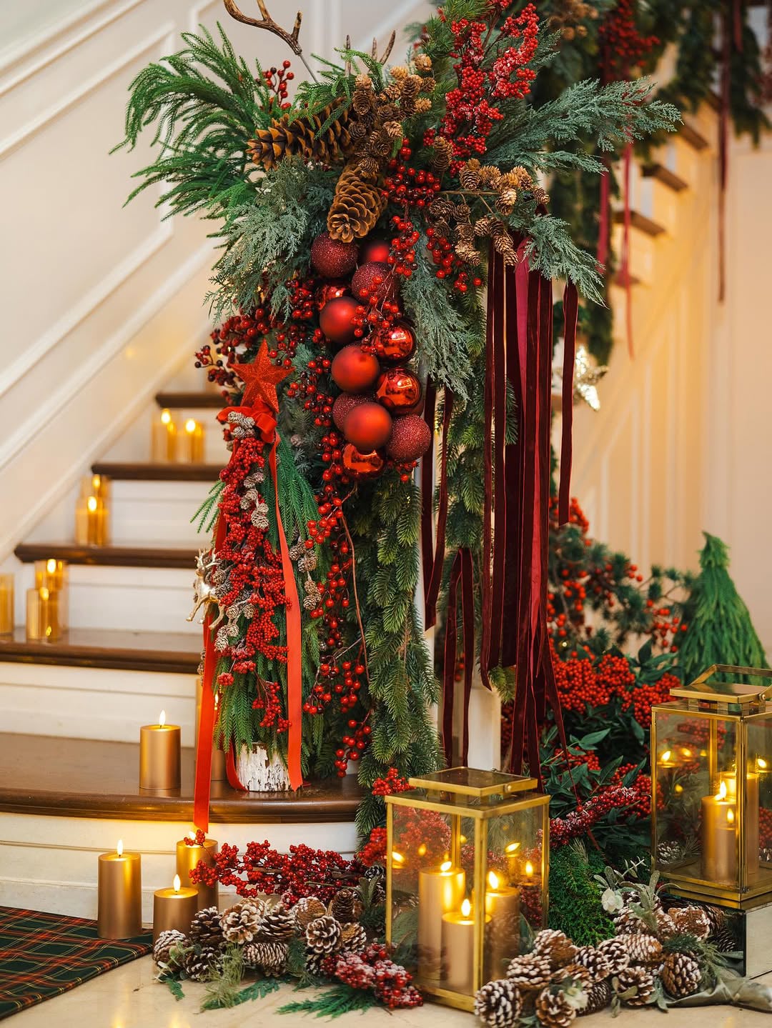Grand Stairway Garland with Red Berries and Gold Lanterns — Whimsical Christmas Decor