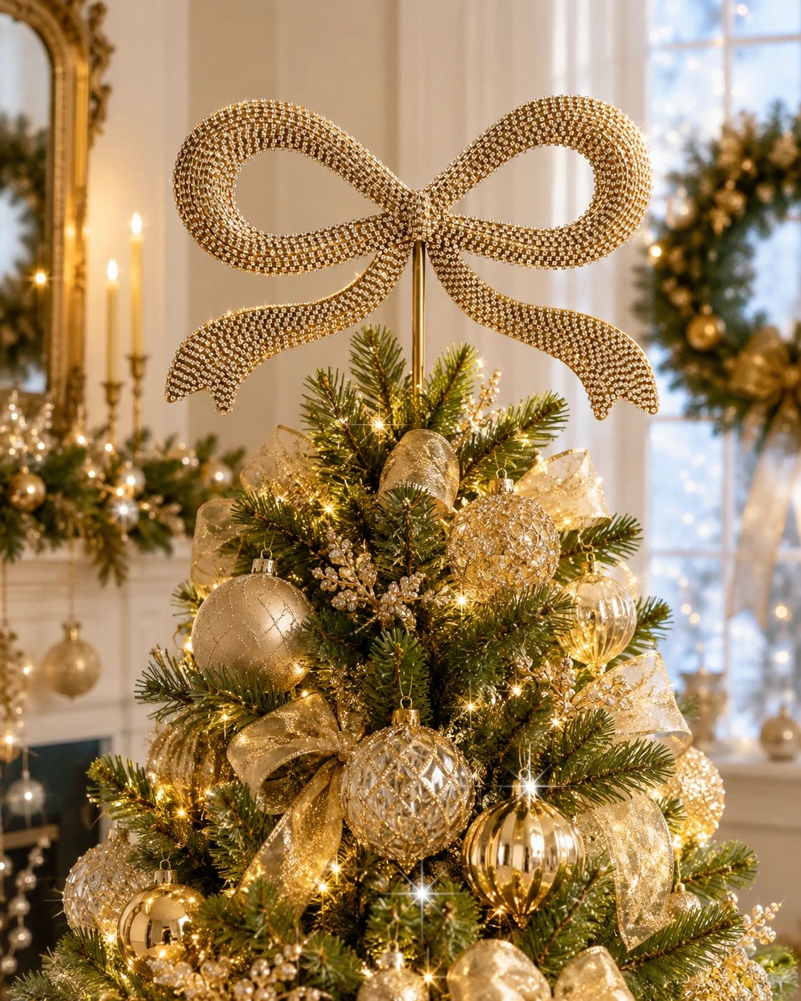 Beaded Gold Bow Tree Topper for a Festive Living Room Beaded Gold Bow Tree Topper for a Festive Living Room — Christmas Tree Topper