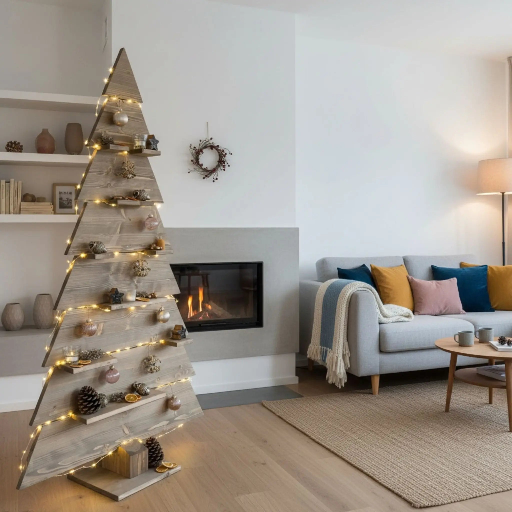 Geometric Wooden Christmas Tree near a Modern Fireplace — Minimalist Christmas Tree