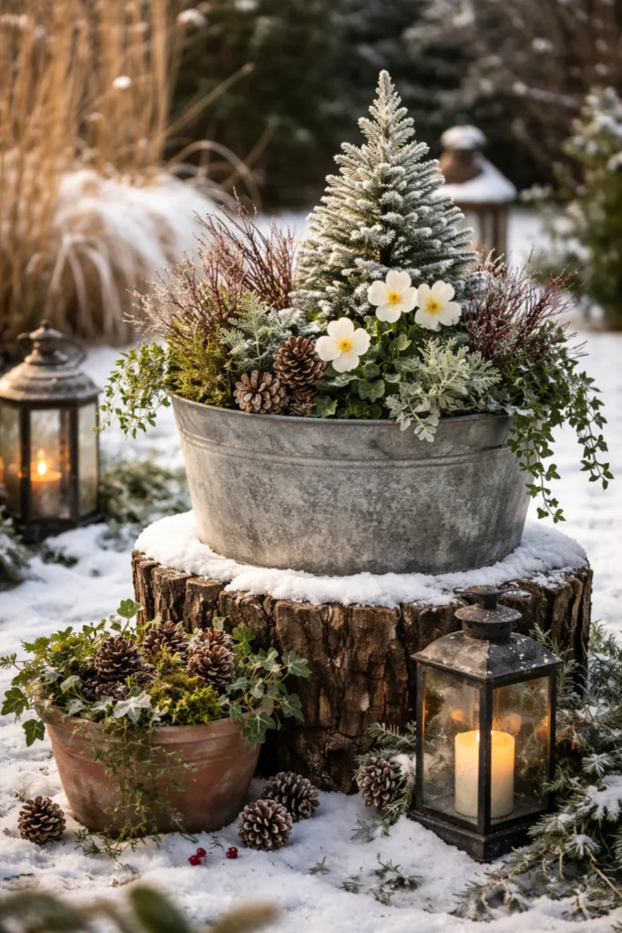 Style a Rustic Galvanized Tub with Greenery and Pinecones — Christmas Porch Decor