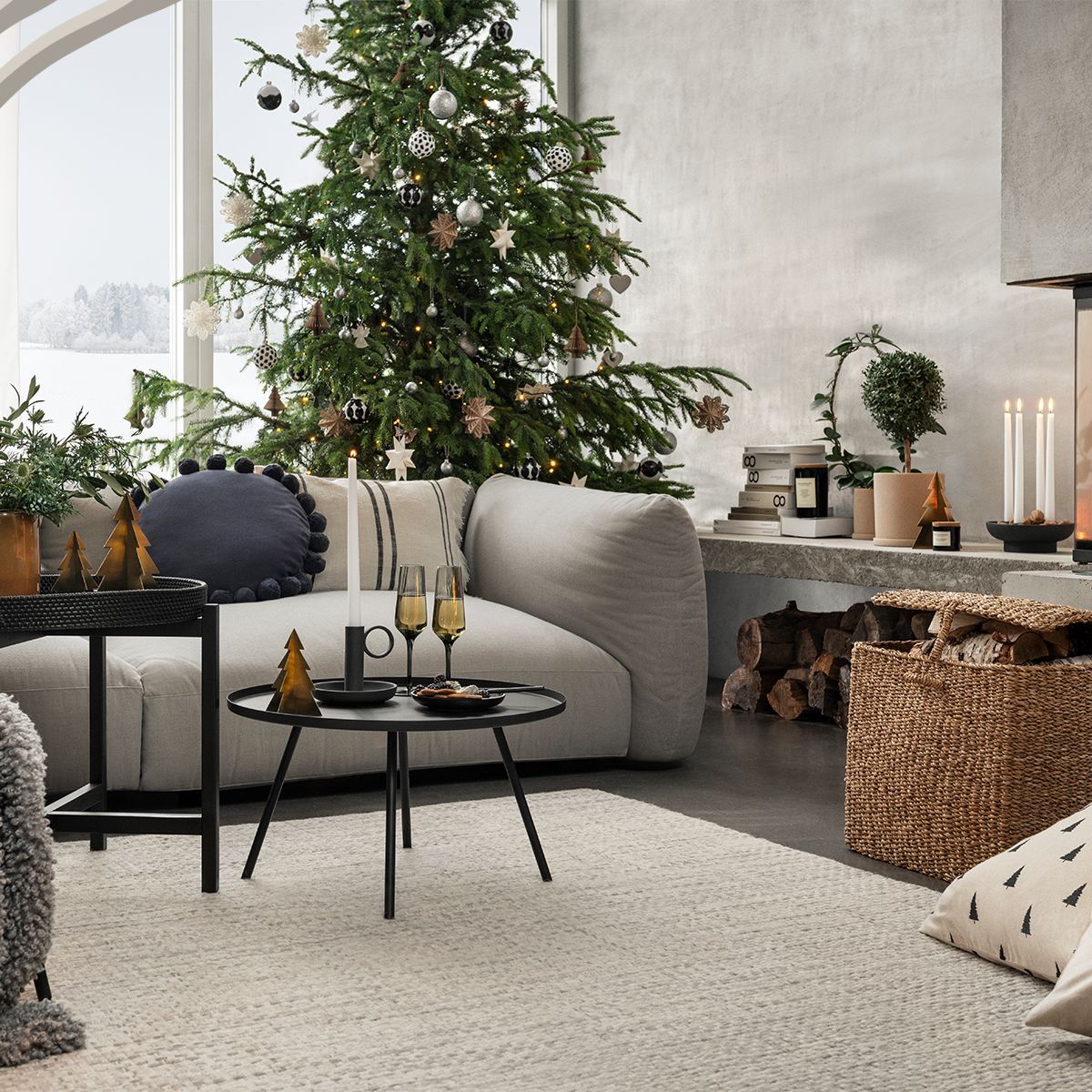 Living Room Minimalist Scandi Coffee Table with Trees and Champagne Glasses Living Room Minimalist Scandi Coffee Table with Trees and Champagne Glasses — Christmas Coffee Table Decor