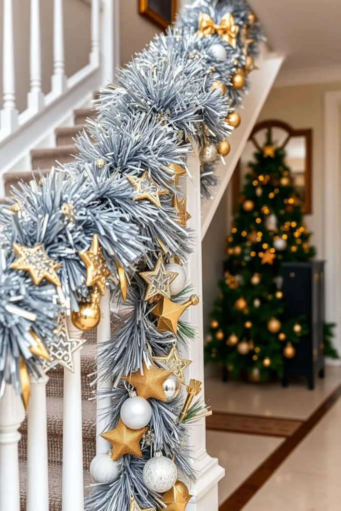 Sparkling Silver Tinsel Garland with Gold Stars and Baubles — Christmas Stair Garland