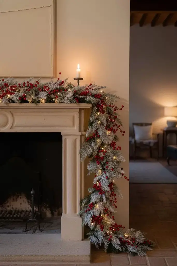 Elegant Stone Mantel with Frosted Berry Garland — Winter Mantel Decor