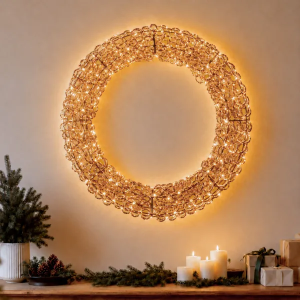 Illuminated Gold Wreath Above Festive Winter Decor — Gold New Years Eve Decor