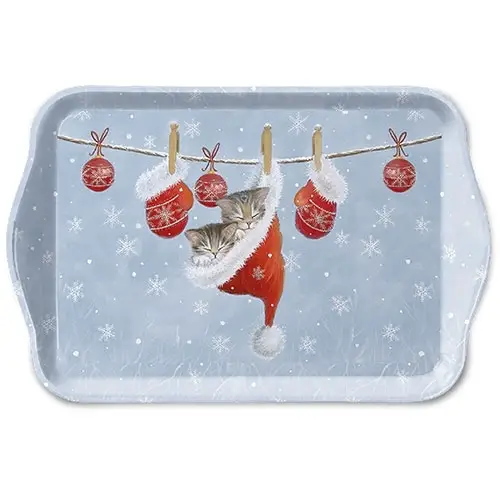 Festive Metal Tray with Kittens in Santa Hat — Christmas Tiered Tray