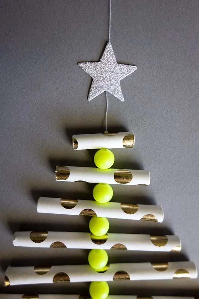Minimalist White Paper Tube Wall Tree with Neon Green Beads — Wall Christmas Tree