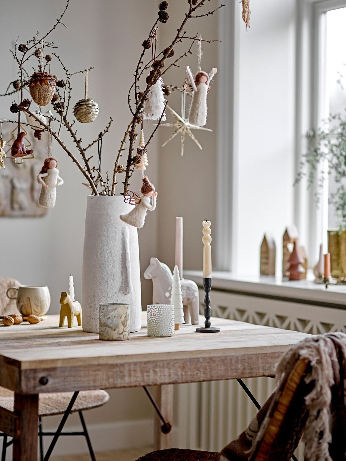 Scandi Dining Table with Decorative Branches and Ornaments — Winter Decor After Christmas