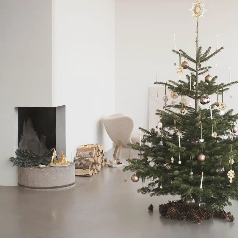 Elegantly Decorated Christmas Tree Next to Fireplace Elegantly Decorated Christmas Tree Next to Fireplace — Scandinavian Christmas Tree