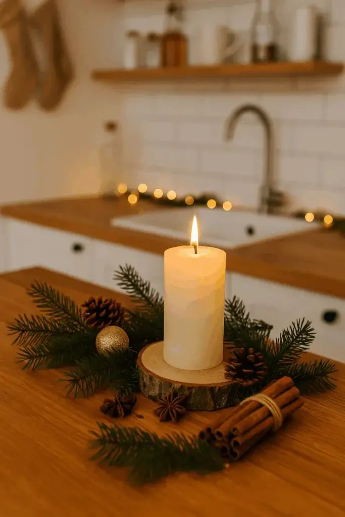 Rustic Christmas Candle Arrangement on a Wood Slice Rustic Christmas Candle Arrangement on a Wood Slice — Christmas Kitchen Decor