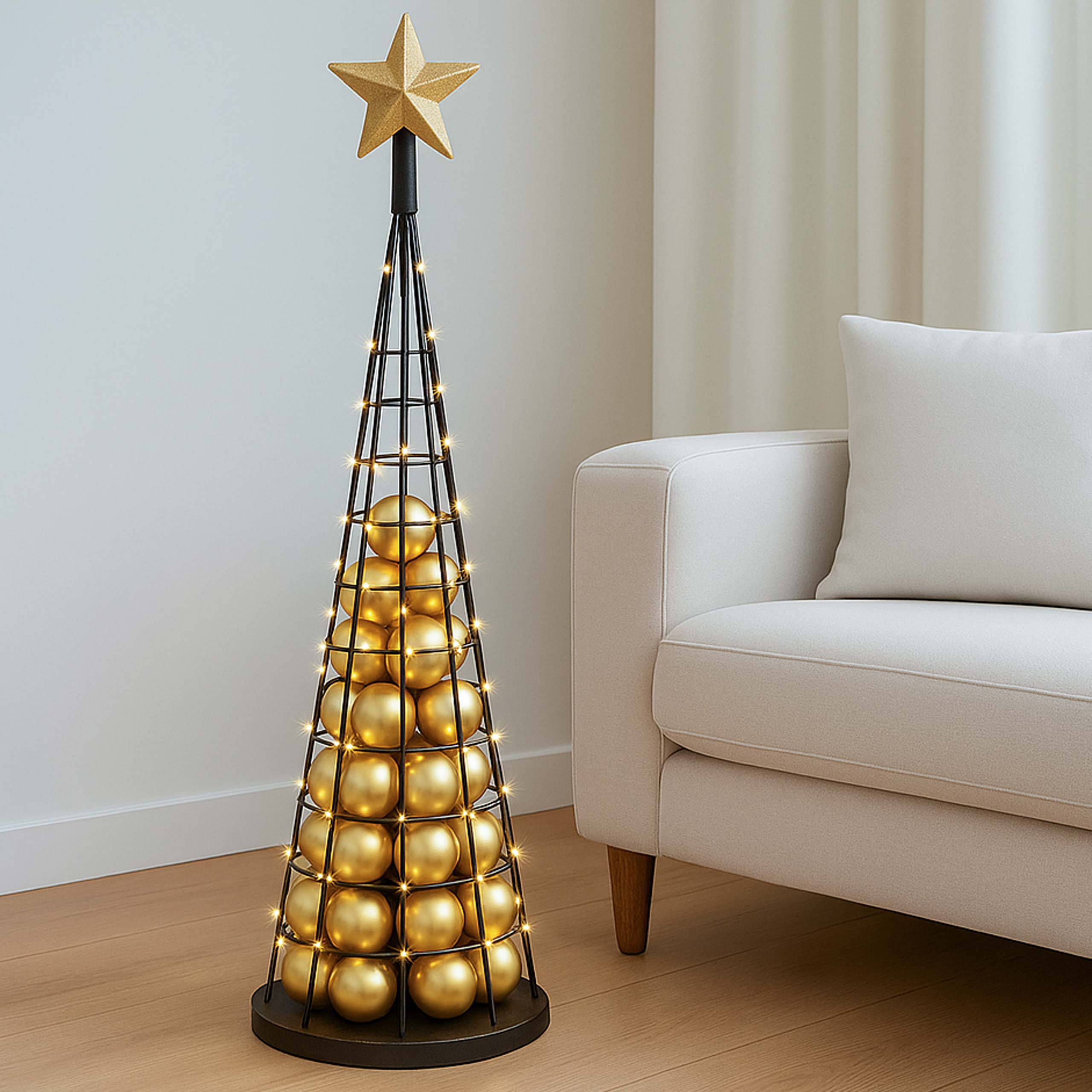 Black Metal Cone Frame Tree Filled with Gold Baubles — Minimalist Christmas Tree