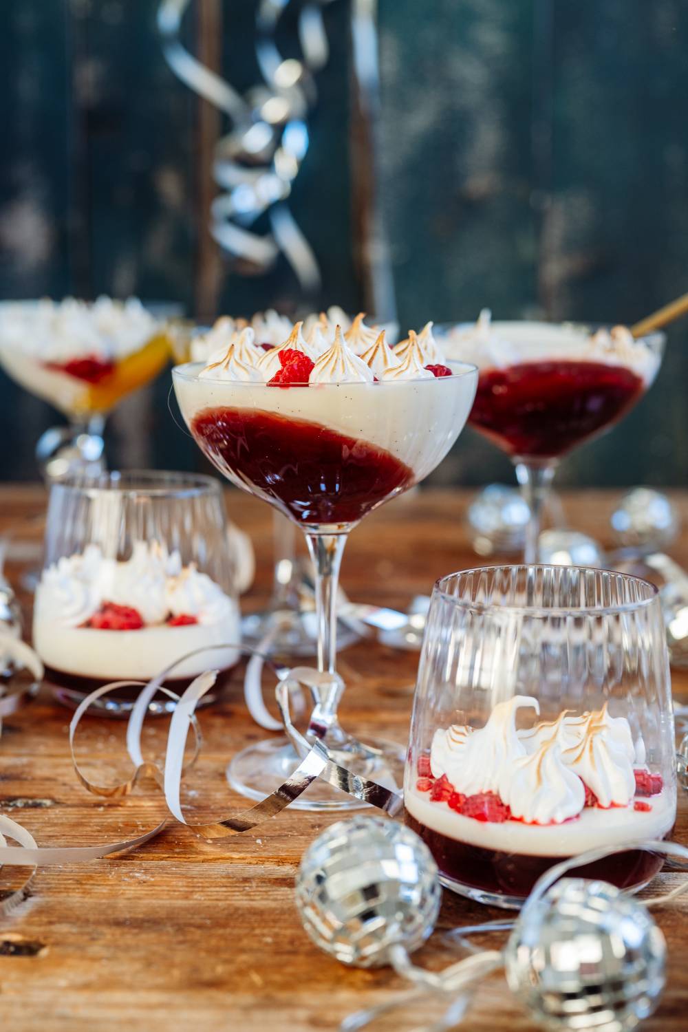 Elegant Individual Desserts with Toasted Meringue and Silver Ribbons — New Years Eve Dessert Table
