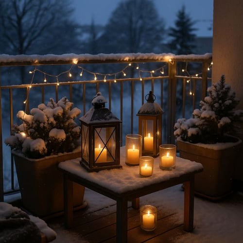 Snow-Covered Balcony with Lanterns and Potted Evergreens — Winter Porch Decor