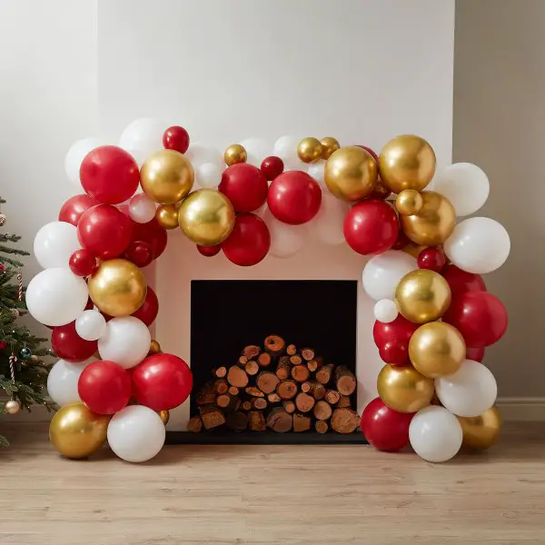 Modern Festive Balloon Garland as a Fireplace Focal Point — Christmas Balloon Garland