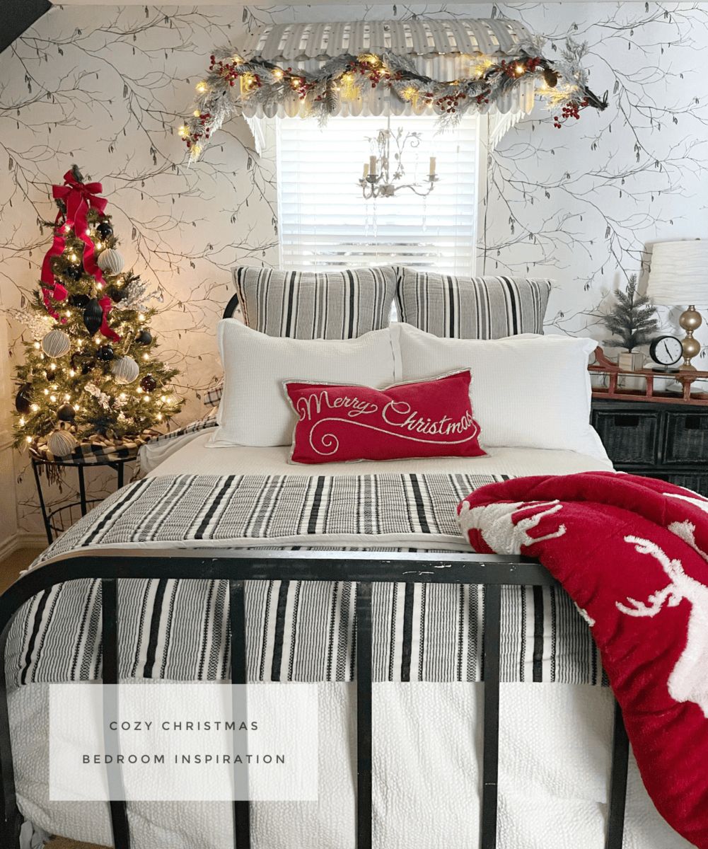 Traditional Bedroom with Striped Bedding and Window Garland — Christmas Bedroom Decor