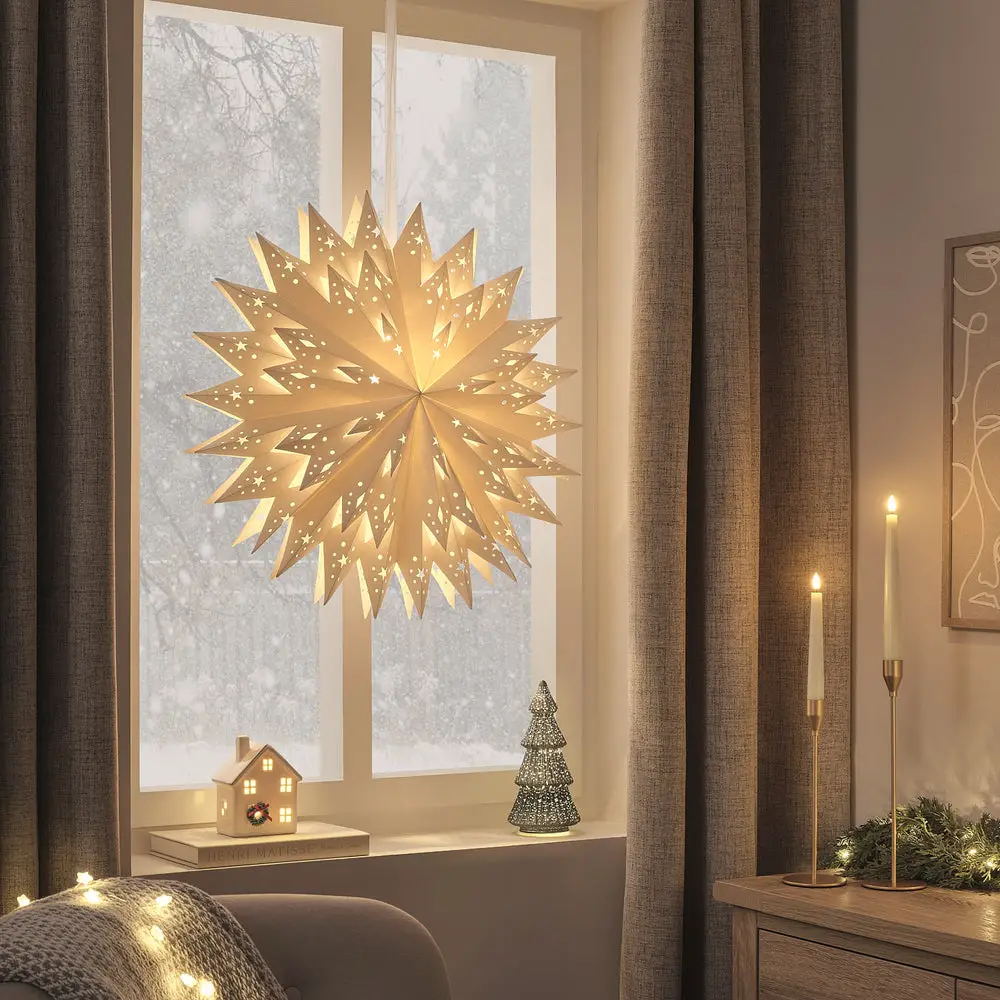 Cozy Living Room Corner with an Illuminated Paper Star Lantern — Christmas Living Room Decor