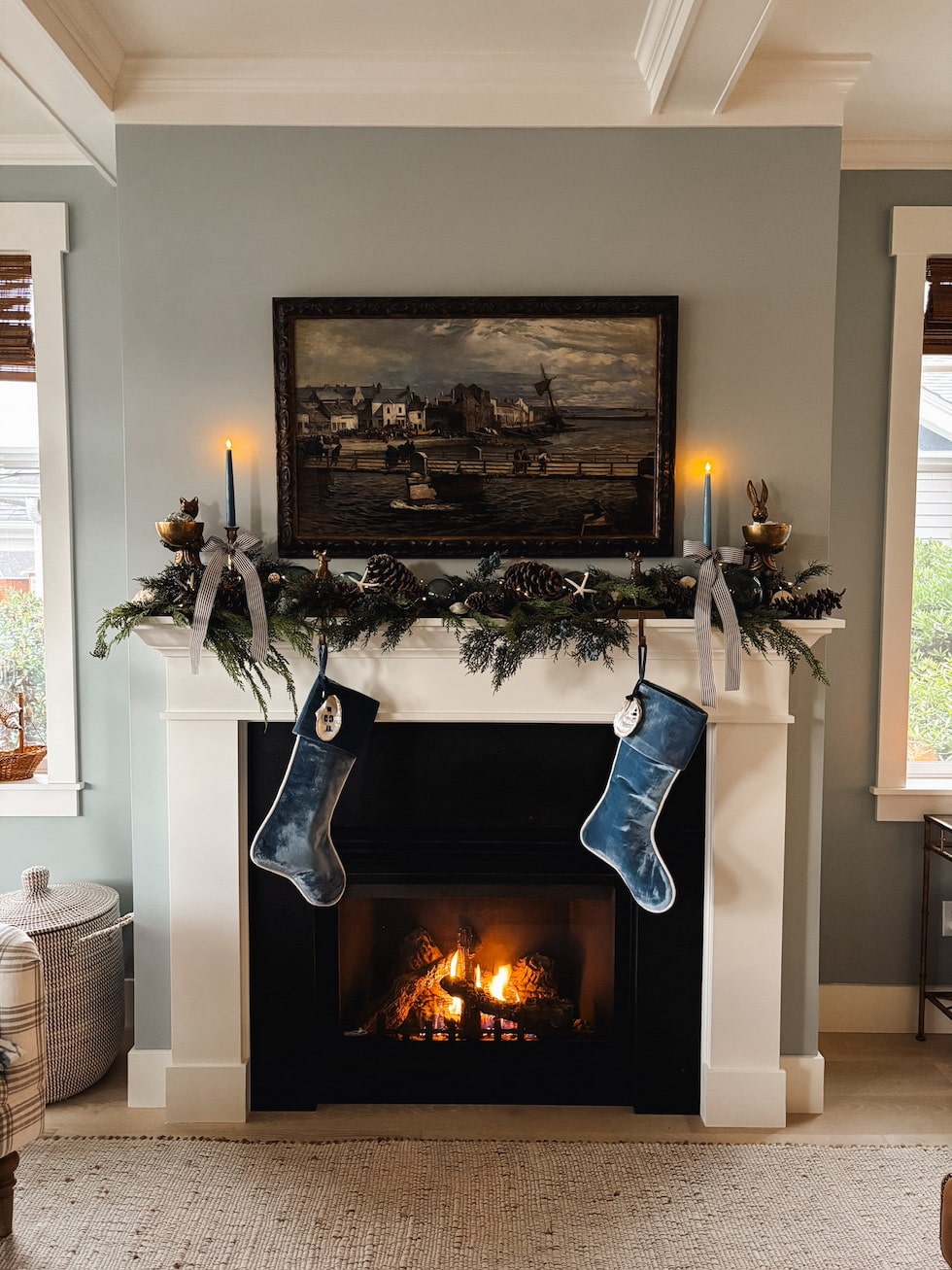 Elegant Coastal Mantel with Blue Velvet Stockings Elegant Coastal Mantel with Blue Velvet Stockings — Coastal Christmas Decor