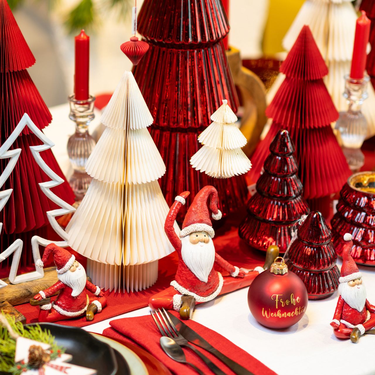 Playful Collection of Red and White Trees and Figurines — Tabletop Christmas Tree Decor