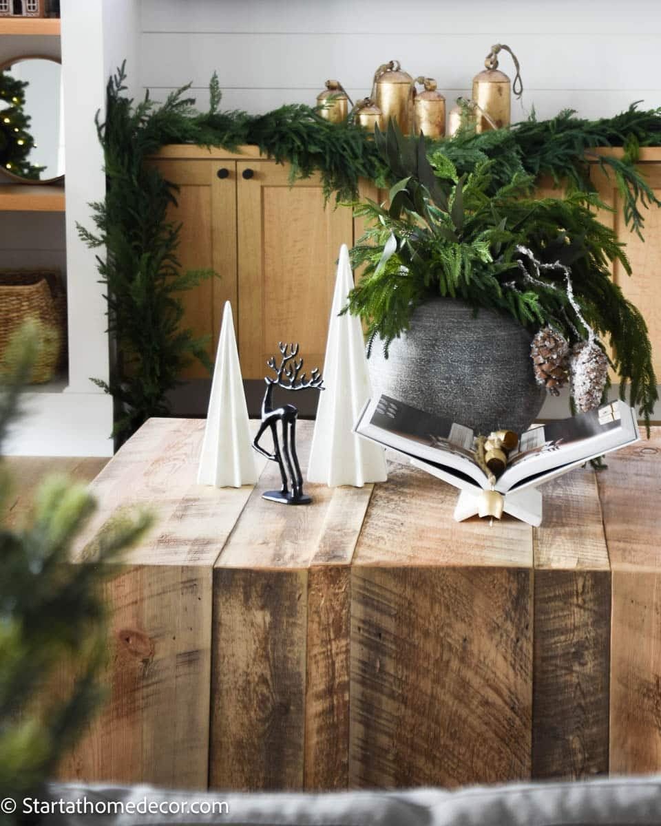 Rustic Wooden Coffee Table with White Ceramic Trees Rustic Wooden Coffee Table with White Ceramic Trees — Christmas Coffee Table Decor