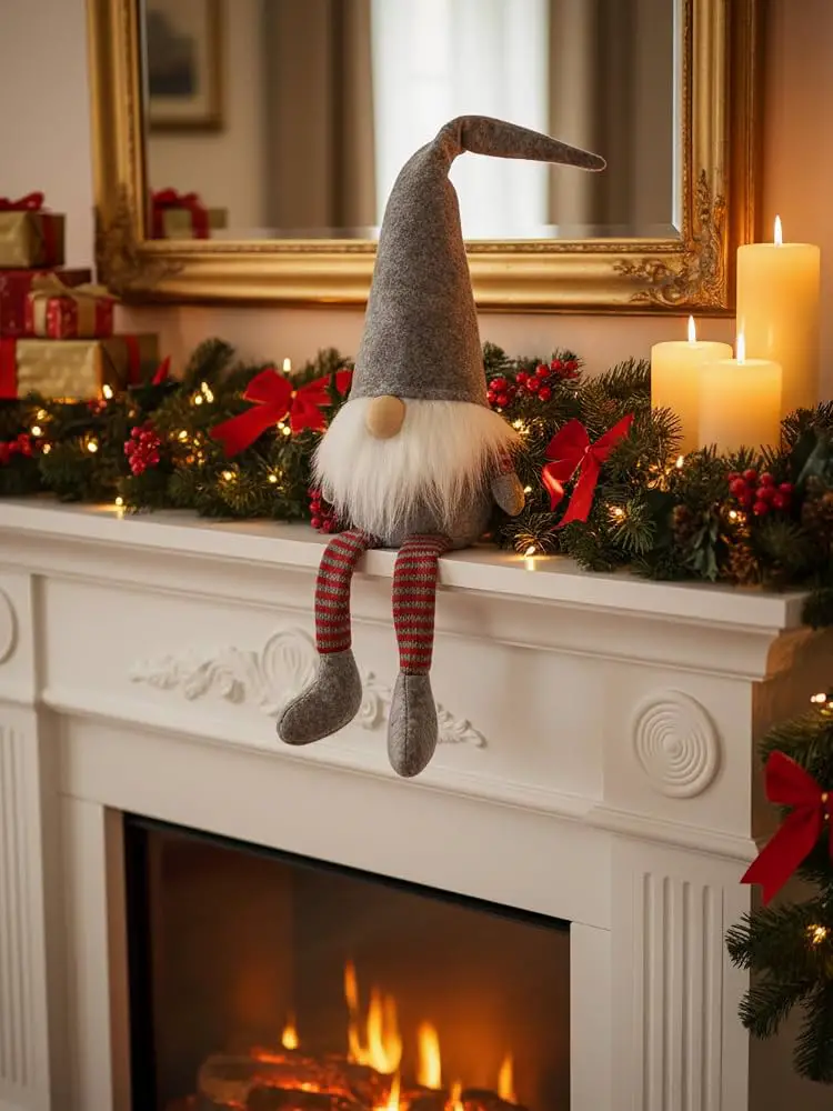 Large Gnome Figure and Garland Create Festive Farmhouse Mantel — Farmhouse Christmas Mantel