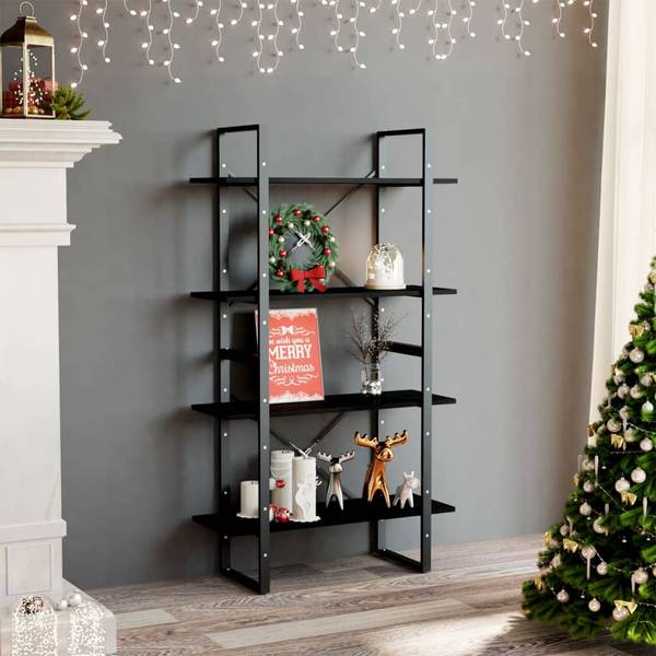 Black Metal Bookshelf with Festive Christmas Accents Black Metal Bookshelf with Festive Christmas Accents — Christmas Bookshelf Decor