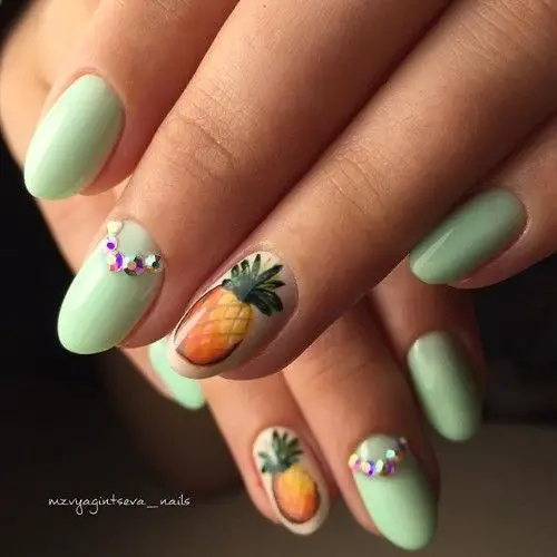 Soft Mint Green Pineapple Rhinestone Oval Nails Soft Mint Green Pineapple Rhinestone Oval Nails — pineapple nails ideas 2027
