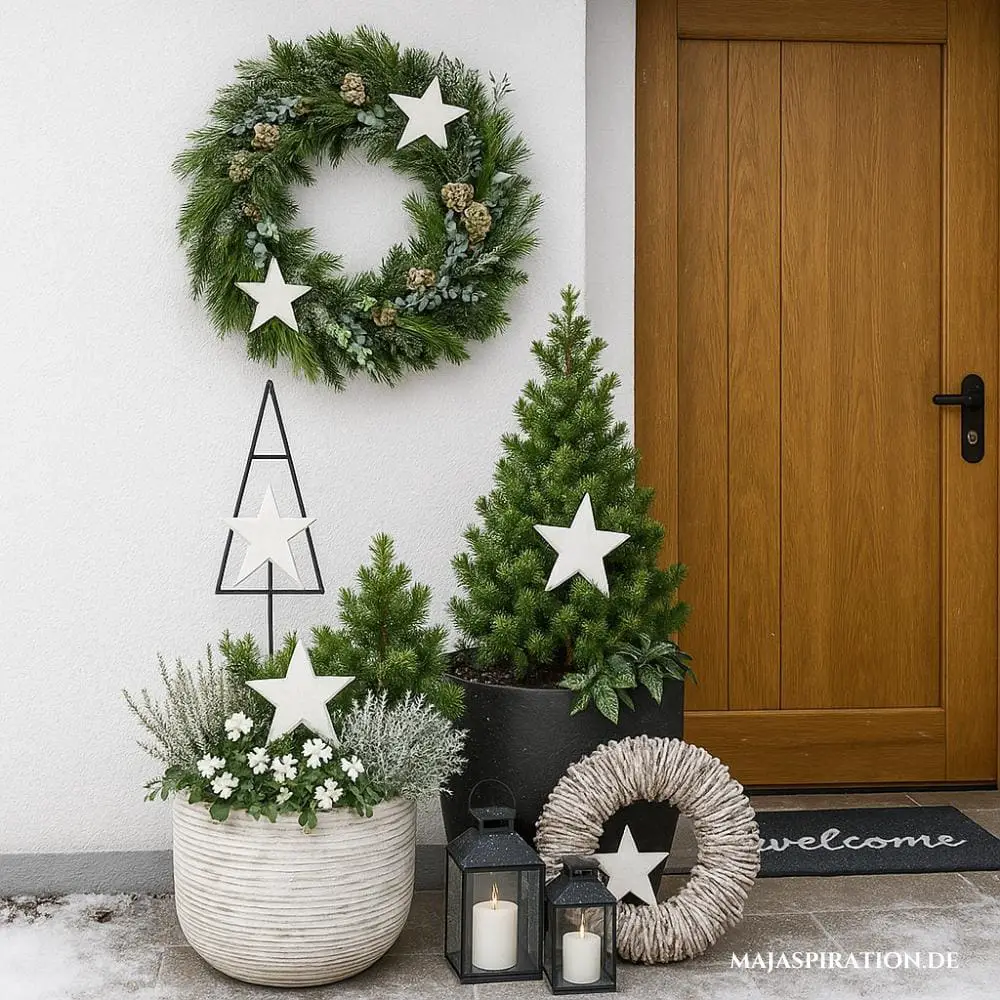 Modern Farmhouse Entrance with Evergreen Wreath and Mini Trees — Winter Front Door Decor