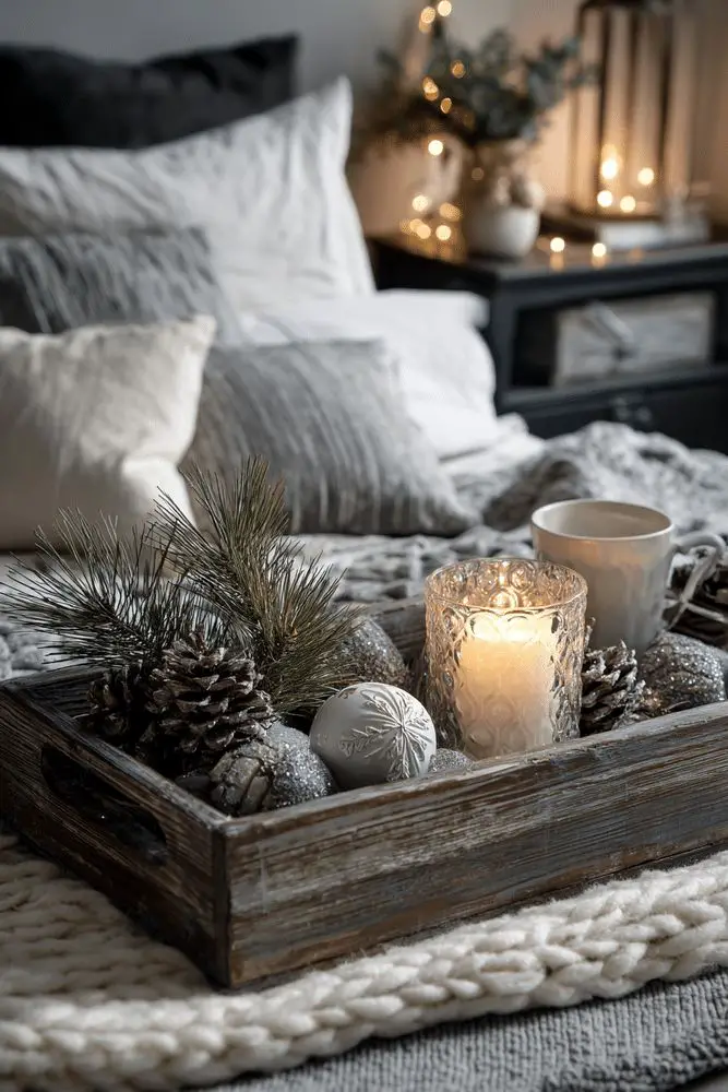 Rustic Bedroom Vignette with Candle and Pine Cones — Christmas Bedroom Decor