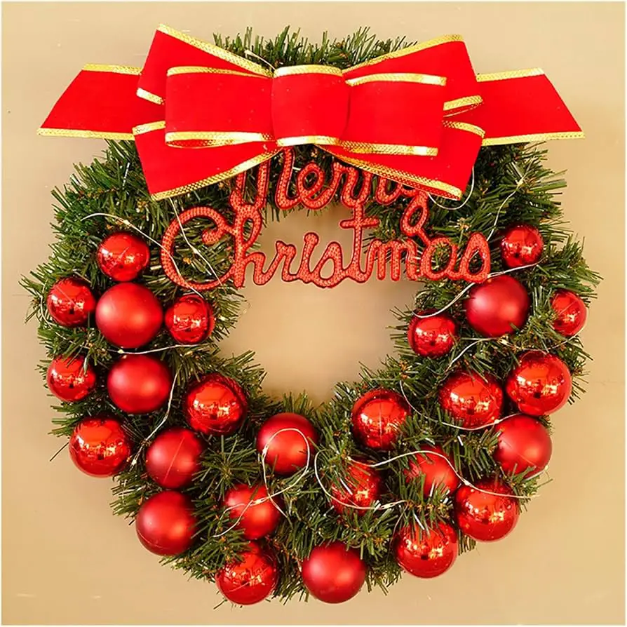 Traditional Christmas Wreath with Red Baubles and Large Red Bow Traditional Christmas Wreath with Red Baubles and Large Red Bow — Christmas Window Wreaths