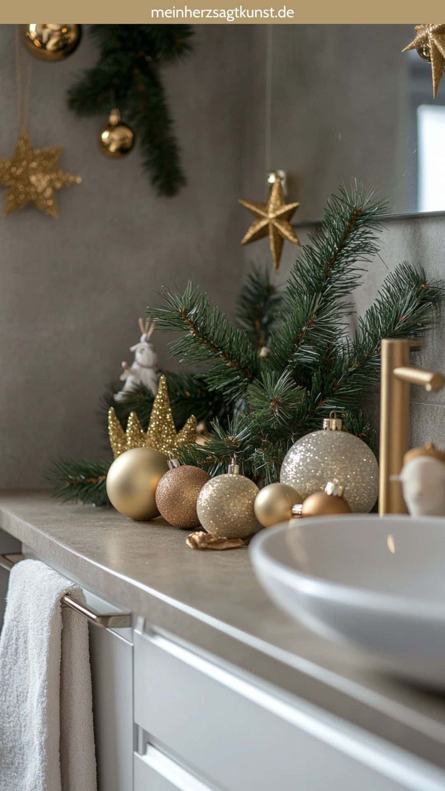 Luxurious Countertop Vignette with Gold Ornaments and Pine — Christmas Bathroom Decor