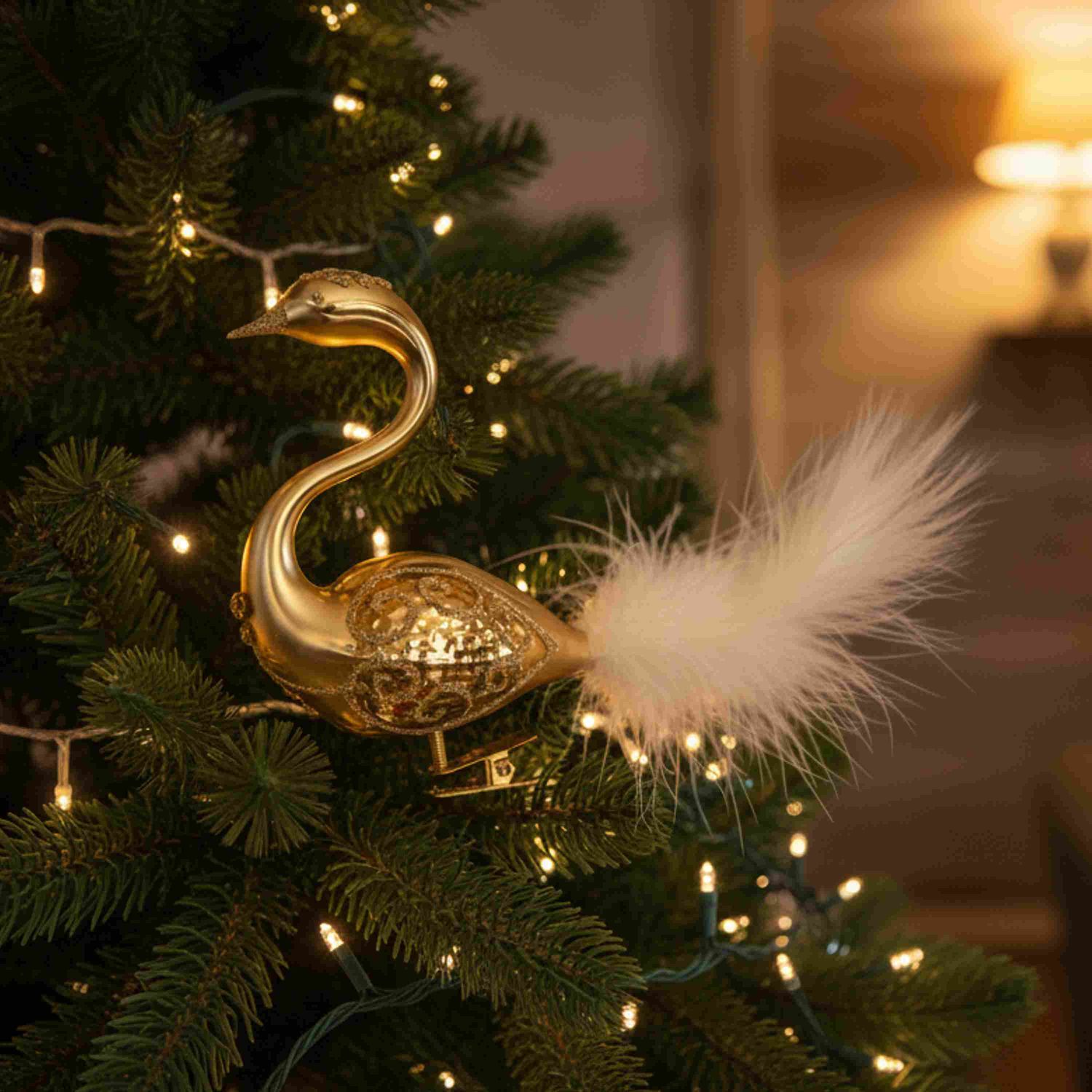 Festive Gold Swan Ornament Adorning a Pine Branch Festive Gold Swan Ornament Adorning a Pine Branch — Red and Gold Christmas Tree
