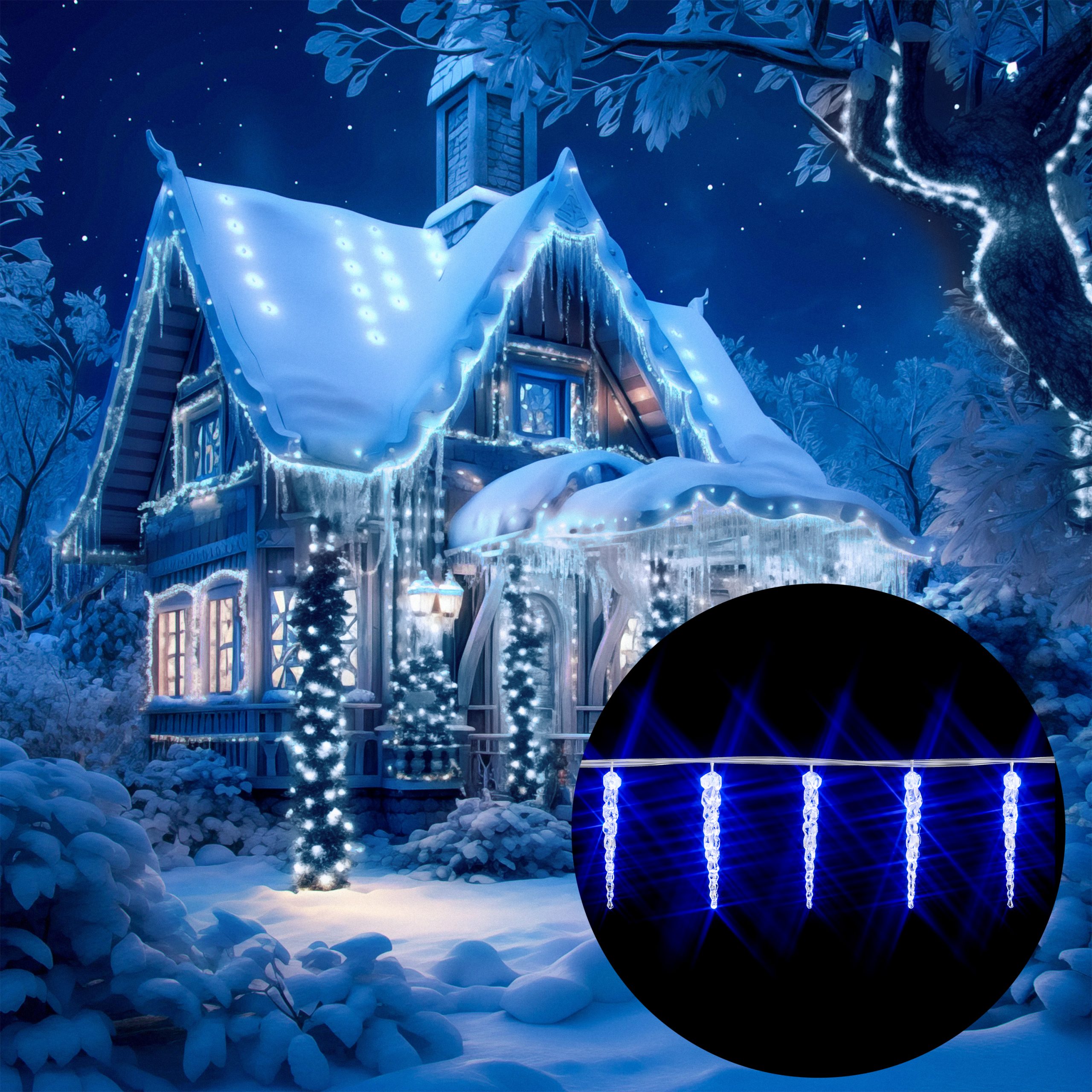 Magical Blue Icicle Lights on Snowy House and Trees Magical Blue Icicle Lights on Snowy House and Trees — Icicle Christmas Lights