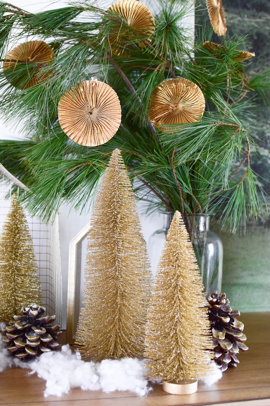 Glamorous Gold Glitter Bottle Brush Trees and Pine Cones Glamorous Gold Glitter Bottle Brush Trees and Pine Cones — Dollar Tree Christmas Decor