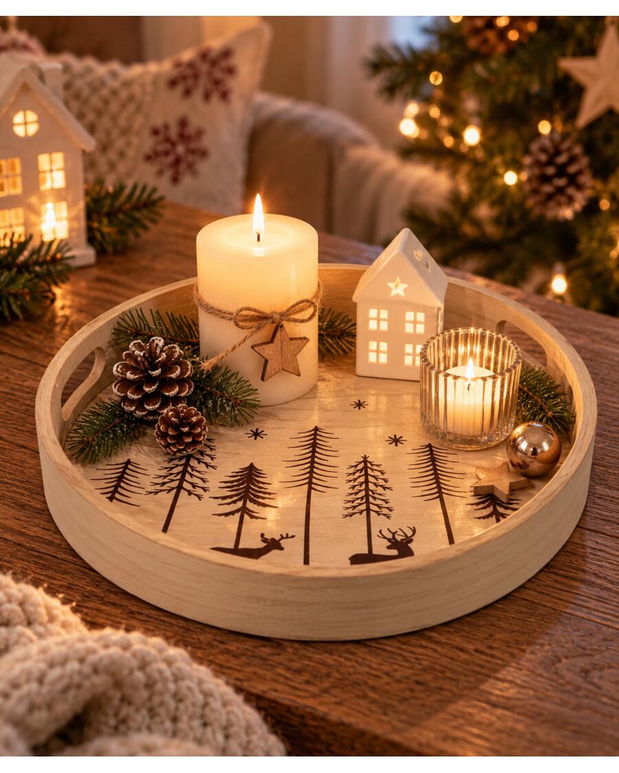 Natural Minimalist Tiered Tray with Ceramic House and Pine — Christmas Tiered Tray