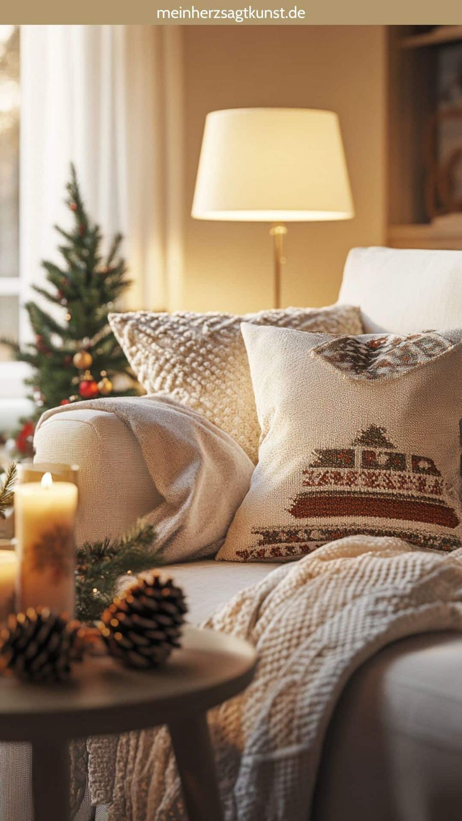 Cozy Sofa Details with Textured Pillows — Christmas Apartment Decor