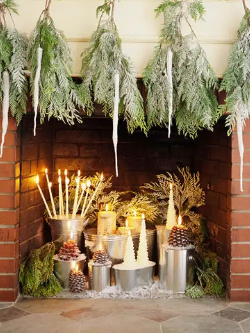Abundant Greenery and Candle-Lit Rustic Mantel — Winter Mantel Decor