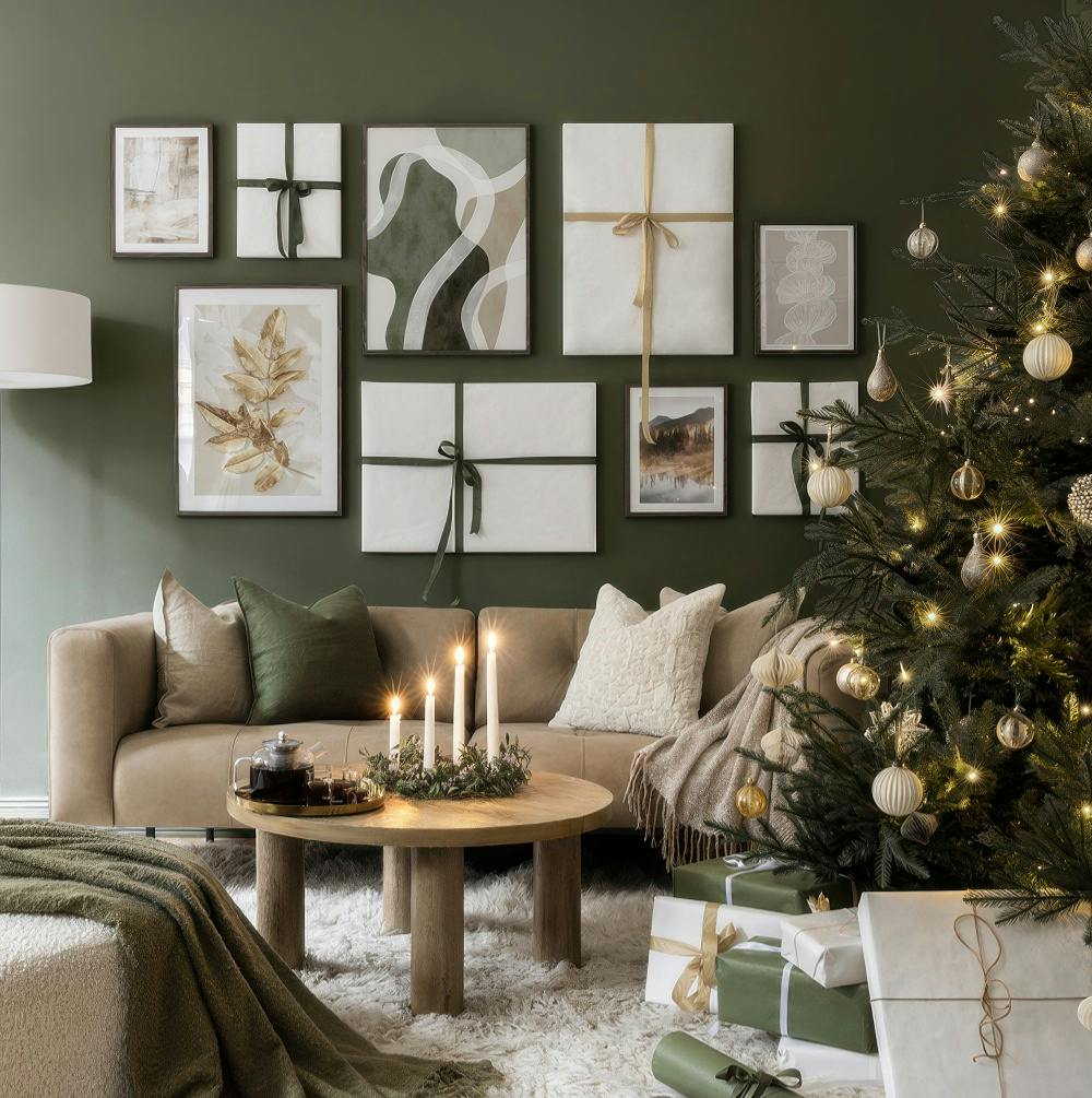 Modern Gallery Wall with Gift-Wrapped Art — Christmas Wall Decor