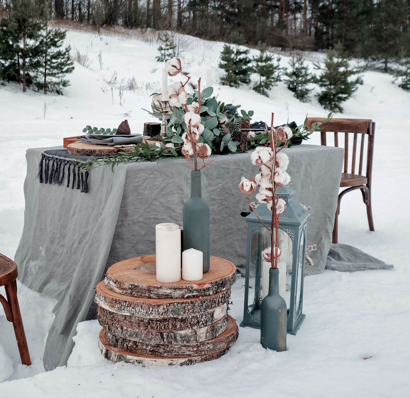 Outdoor Winter Serenity: Linen Table with Cotton Branches — Christmas Wedding Decor
