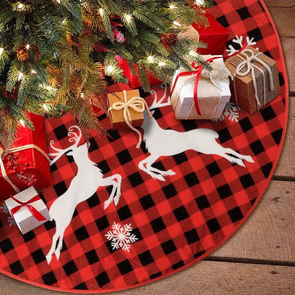 Red and Black Buffalo Check Skirt with Reindeer Motifs Red and Black Buffalo Check Skirt with Reindeer Motifs — Christmas Tree Skirt