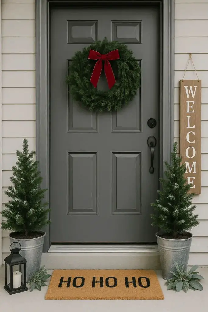 Modern Farmhouse Porch with Wreath and Galvanized Trees — Small Christmas Porch