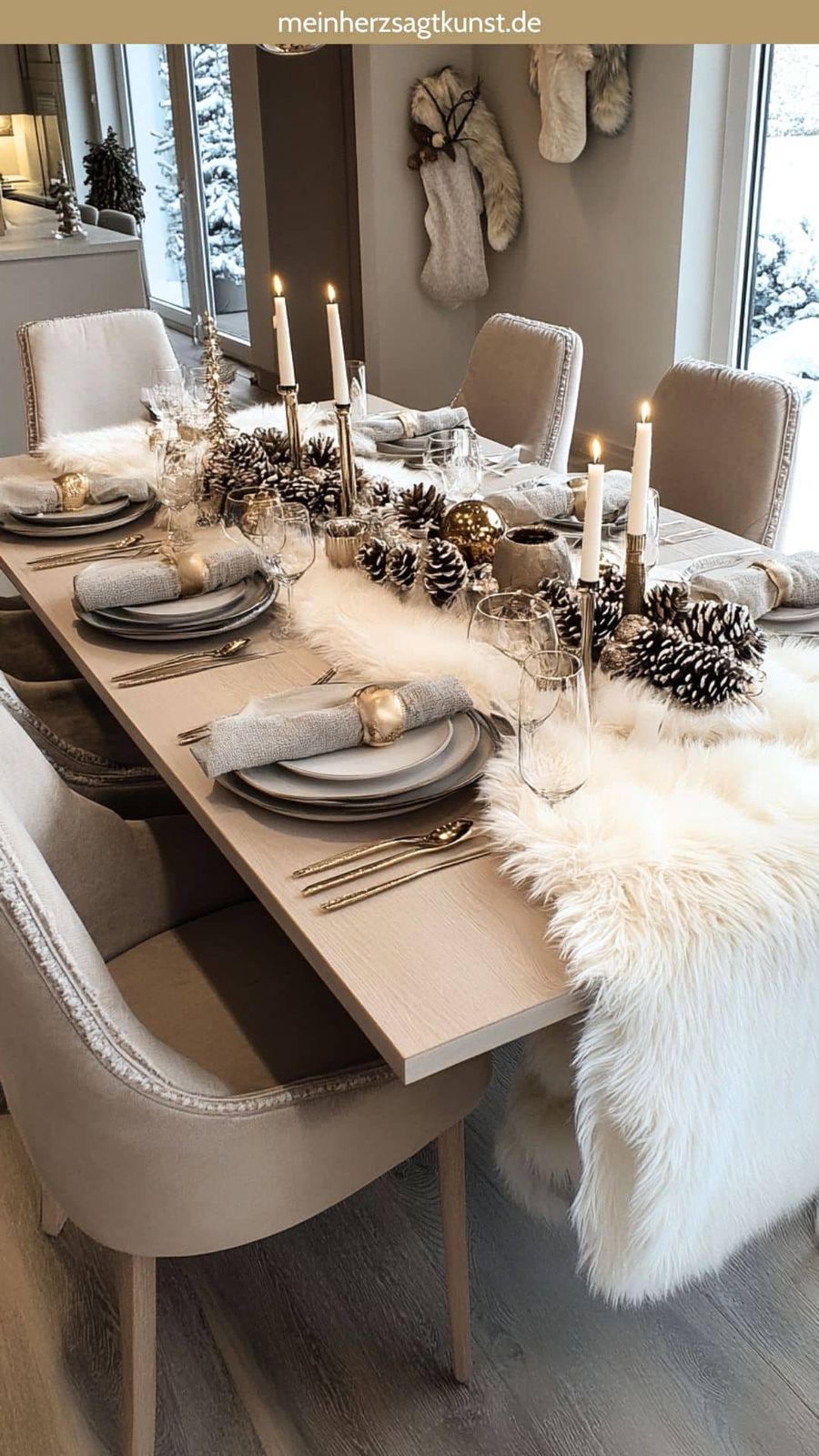 Elegant Modern Winter Dining with Faux Fur Runner and Pinecones — Christmas Dining Room Decor