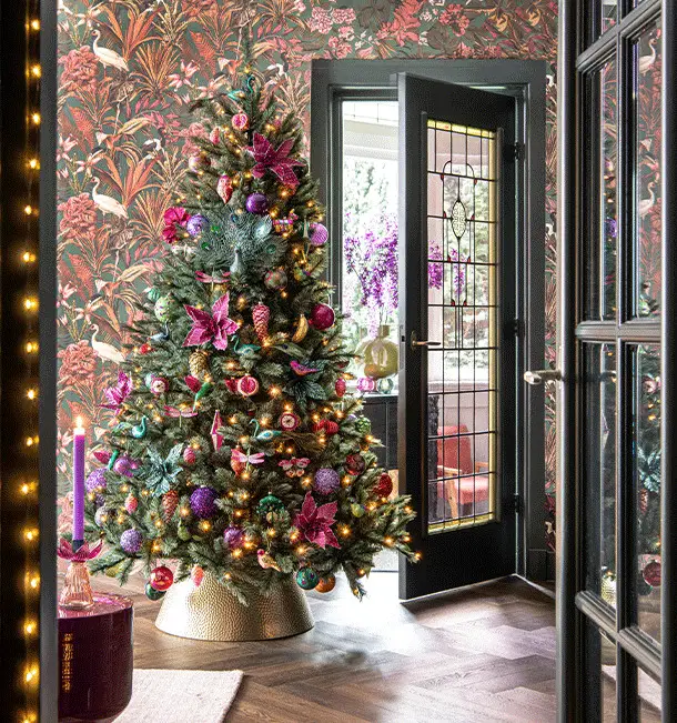 Eclectic Hallway with Peacock Motif Tree — Christmas Tree Trends