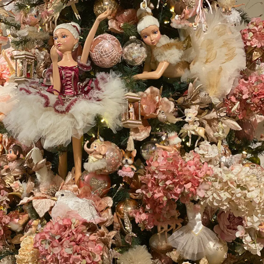 Whimsical Christmas Tree Adorned with Ballerinas and Florals — Pink and Gold Christmas Tree