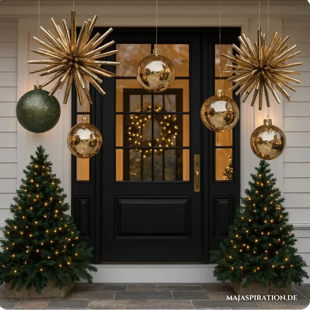 Glamorous Black Door with Gold Ornaments and Lit Trees Glamorous Black Door with Gold Ornaments and Lit Trees — Christmas Front Door Decor